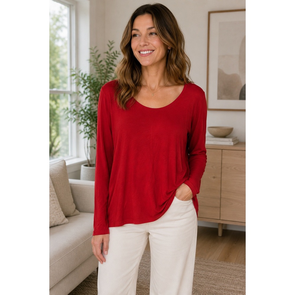 Eileen Fisher Red Rayon Lycra‎ Stretch Scoop Neck Long Sleeve Tee Shirt Medium